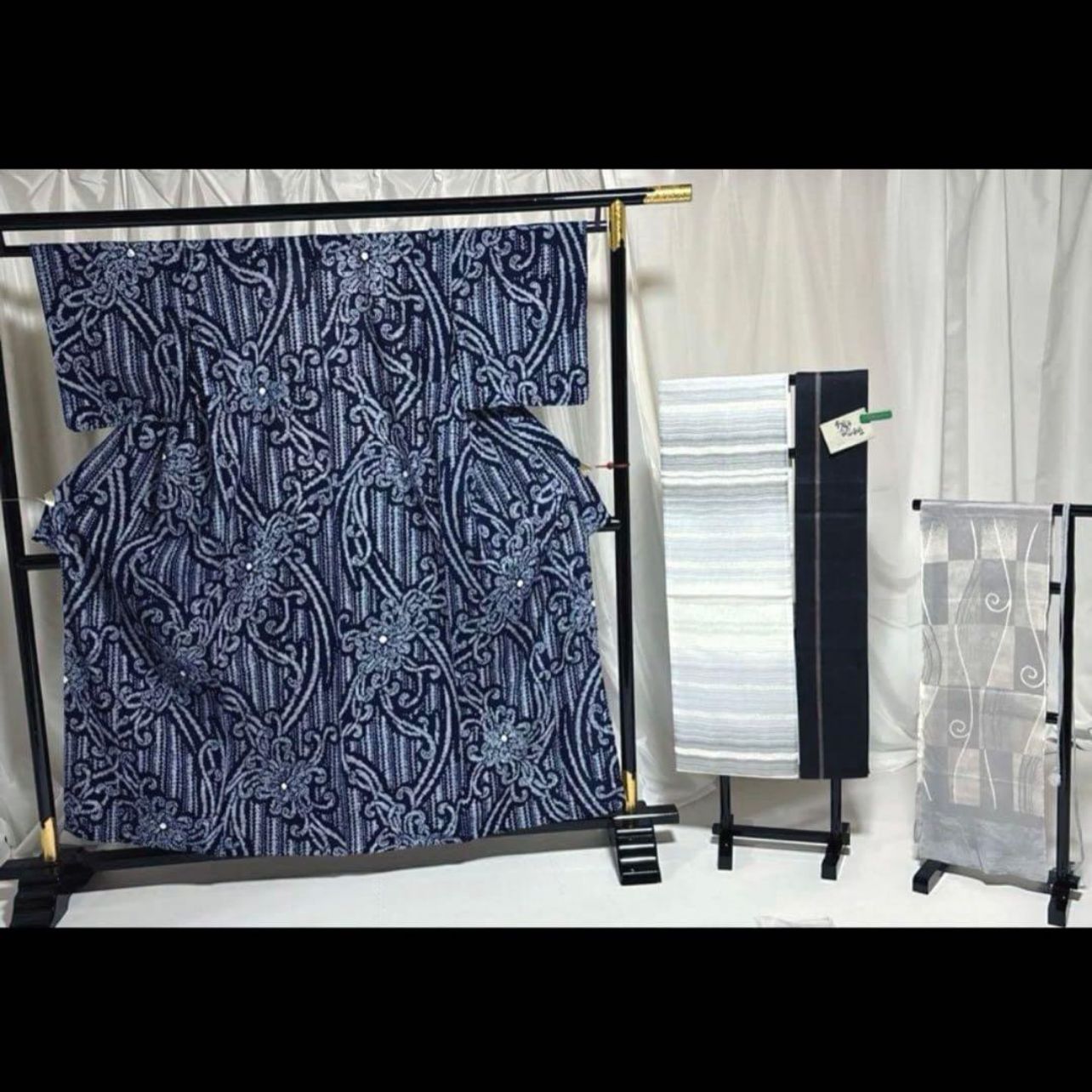 極美品 有松鳴海絞り 5点フルセット 紺藍 モダン柄 大人浴衣 夏着物 