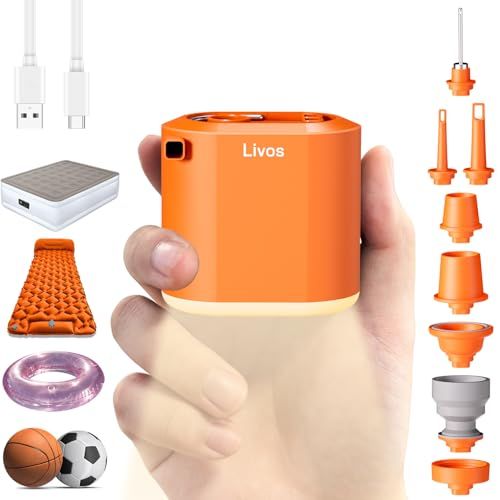 Livos 電動エアーポンプ 携帯式空気入れ 電動 強力5.5kPa 超軽量 USB充電式 高速充填 多機能低速100KPA／-60KPA 照明付きランプ 1600mAhバッテリー 8つのエアノズル, 適用エアマット、浮き輪、圧縮袋 旅行、ス c60d9553