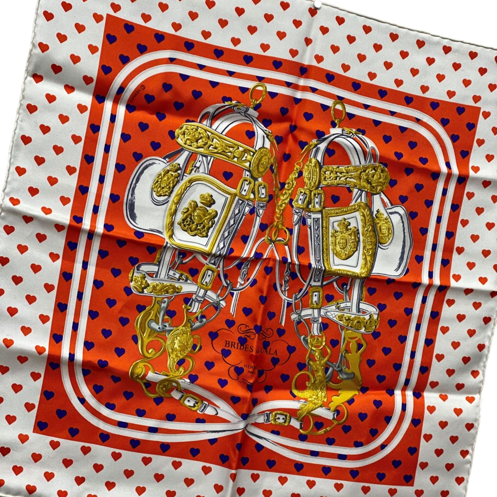 エルメス カレ45 BRIDES de GALA シルクスカーフ ハート柄 オレンジ ガヴロッシュ プチカレ HERMES AC0253