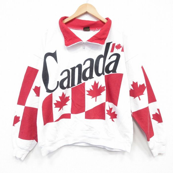 XL/古着 長袖 ハーフジップ スウェット メンズ 90年代 90s カナダ国旗 大きいサイズ カナダ製 白 26apr13