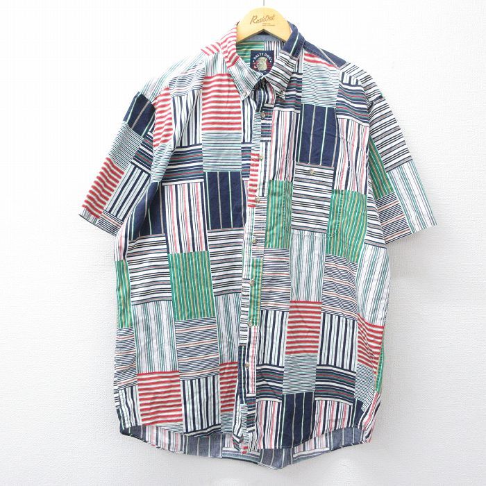 XL/古着 半袖 シャツ メンズ 90年代 90s パッチワーク風 大きいサイズ ロング丈 コットン ボタンダウン 白他【spe】 26apr13|詳細画像