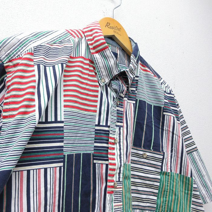 XL/古着 半袖 シャツ メンズ 90年代 90s パッチワーク風 大きいサイズ ロング丈 コットン ボタンダウン 白他【spe】 26apr13 XL/古着 半袖 シャツ メンズ 90年代 90s パッチワーク風 大きいサイズ ロング丈 コットン ボタンダウン 白他【spe】 26apr13