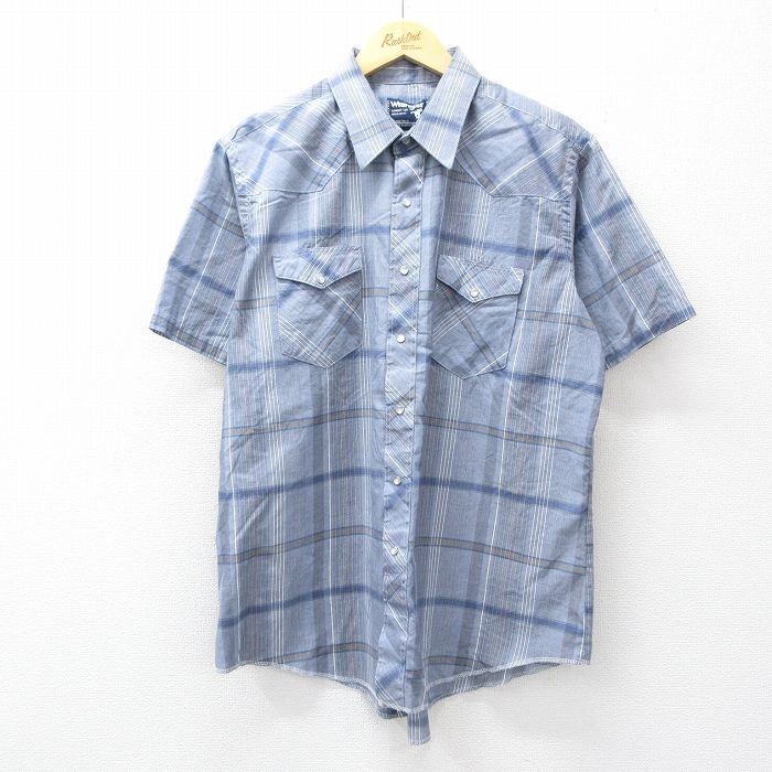 XL/古着 ラングラー 半袖 ウエスタン シャツ メンズ 80年代 80s USA製 薄紺他 チェック 26apr13