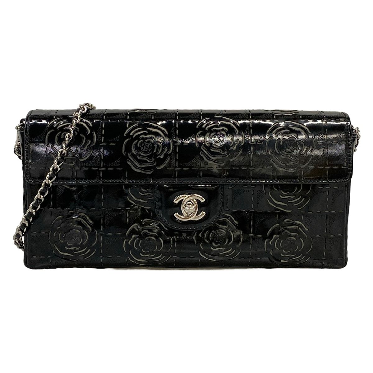 CHANEL(シャネル) ショルダーバッグ カメリア,チョコバー 黒 フラップバッグ/チェーンショルダー/シルバー金具/カットワーク レザー