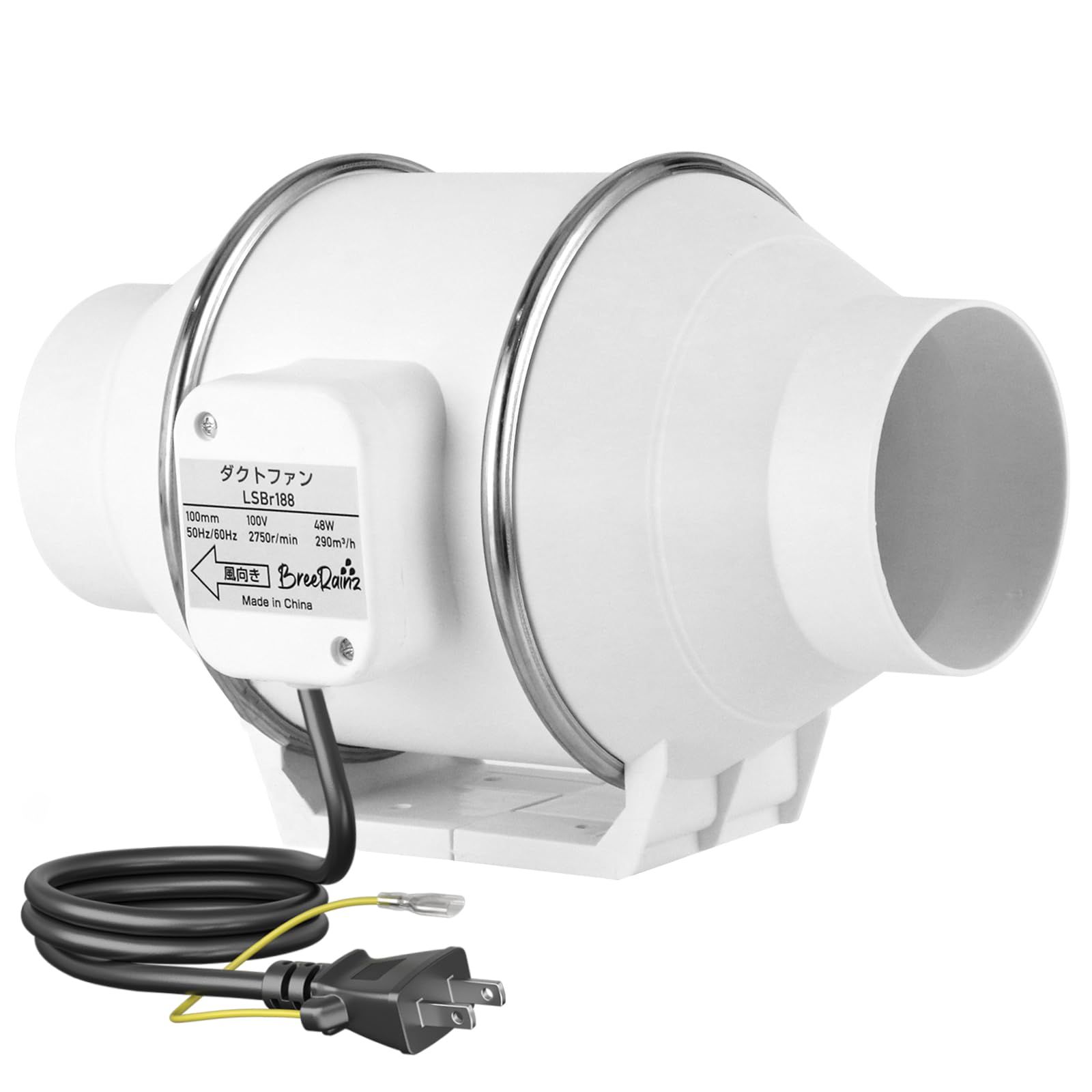 BreeRainz ダクトファン Φ100mm ダクト用換気扇 風量290m?/h 強力 省エネ 静音 排気ファン 中間取付 塗装ブース用 家焼肉 家庭用 業務用 排風機 丸形タイプ 110V 日本仕様電源プラグ (100mm)ts 98661de0