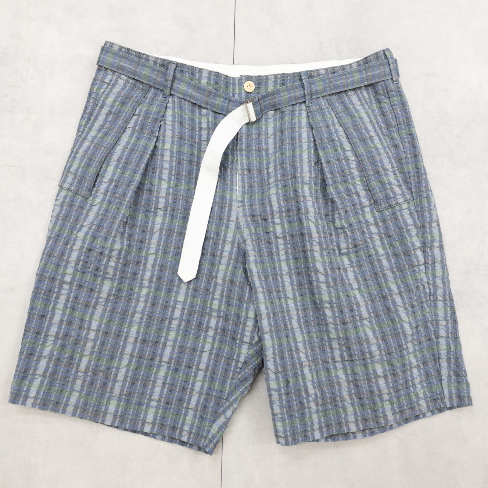 sacai サカイ ハーフパンツ シアサッカー ベルト チェック柄 ポリエステル コットン グレー ブルー 日本製 メンズ 4 b01439