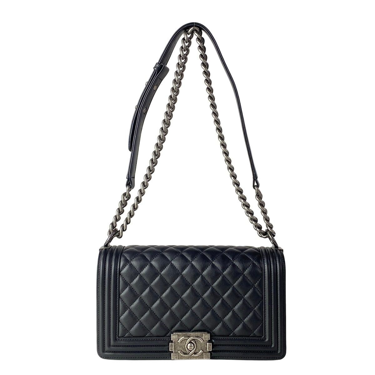 CHANEL(シャネル) ショルダーバッグ ボーイシャネル /マトラッセ 黒 ヴィンテージシルバー金具/チェーンショルダー レザー