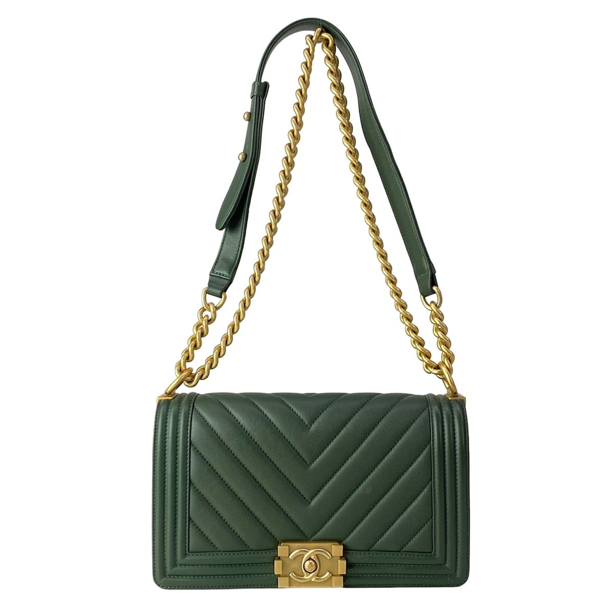 CHANEL(シャネル) ショルダーバッグ ボーイシャネル /マトラッセ ダークグリーン ヴィンテージゴールド金具/チェーンショルダー レザー