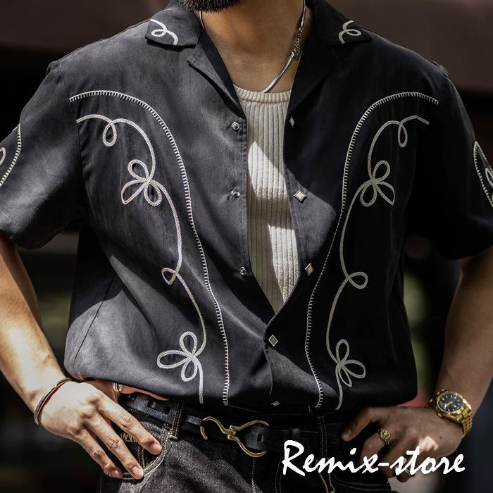 ★人気シャツ！SUMMER S/S ウエスタン ボレロ キューバ カラー 刺繍 半袖シャツ 黒 半袖 メンズ 予約販売 ヴィンテージ レトロ アロハ ウエスタン ★699