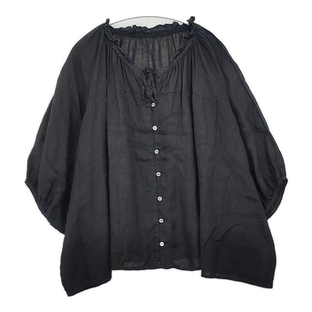 nest Robe 01233-1404 リネン Vネックフリル ワイド ブラウス シャツ 23SS ブラック レディース ネストローブ【中古】6-0425M∞