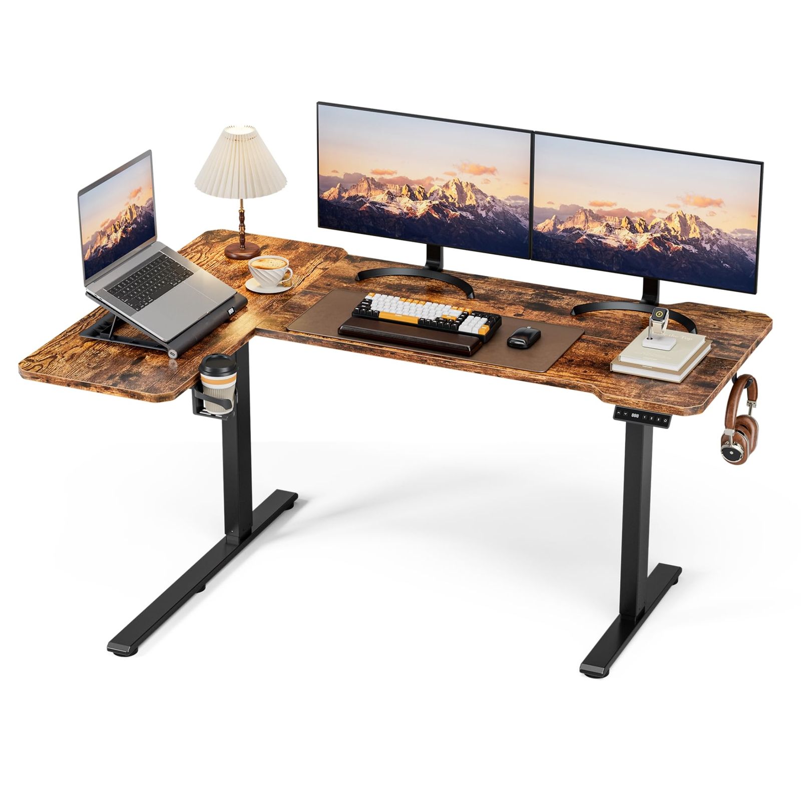 Acrolix電動 l字昇降式デスク 昇降式テーブル ゲーミングデスク スタンディングデスク 幅150cm 奥行100cm 高さ調節 メモリ機能 一人暮らし テレワークオフィスワークテーブル テレワーク 在宅ワーク スタンドアップテーブル ブラウン天板ｍａ