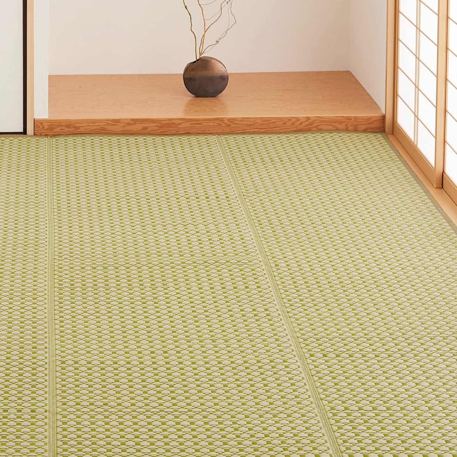 萩原 洗える い草風カーペット ルイス グリーン 江戸間6畳 約261X352cm 柄上敷き 花ござ ラグ 和モダンma