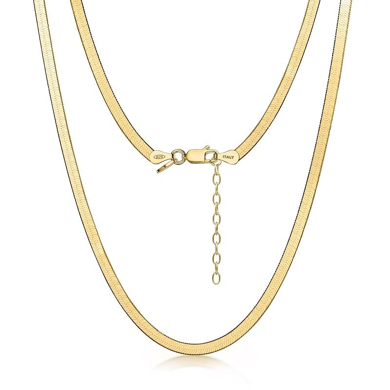 [Amberta] レディース 925 スターリングシルバー フラットスネークチェーン：18K ゴールドメッキ スターリングシルバー 3mm 50cm