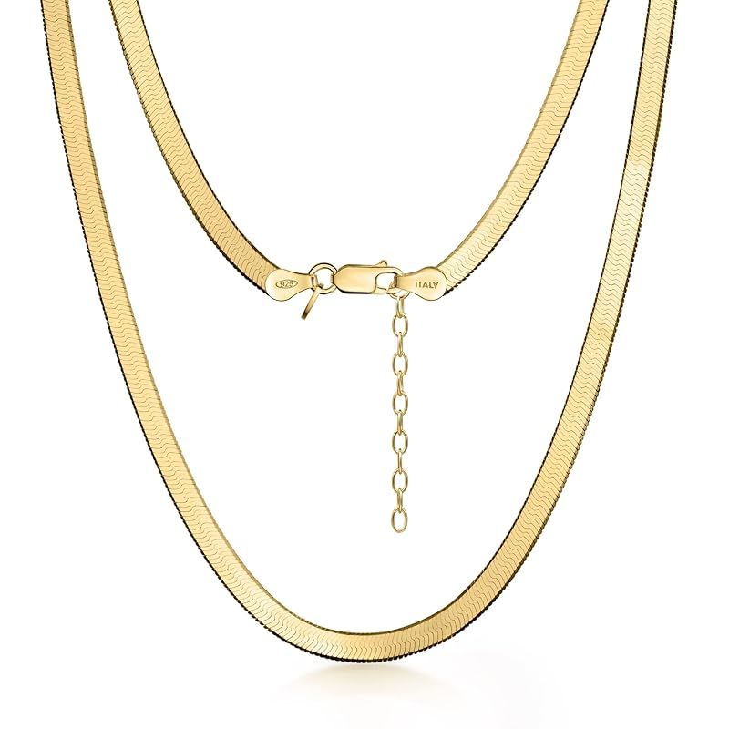 [Amberta] レディース 925 スターリングシルバー フラットスネークチェーン：18K ゴールドメッキ スターリングシルバー 4.5mm 45cm