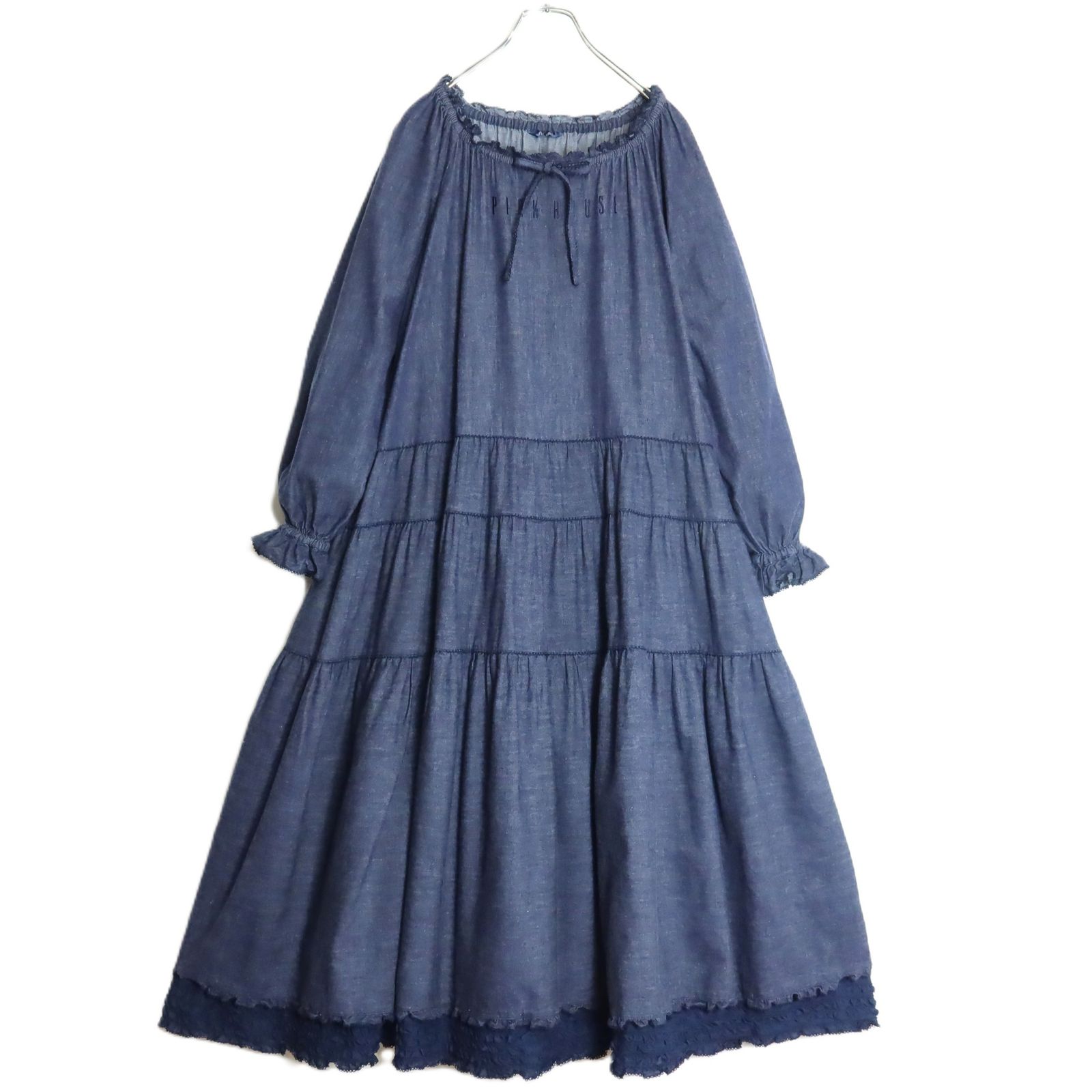 【美品】ピンクハウス★2023年製 ふんわりフォルム♪デニムワンピース ネイビー系 綿ローンの裾フリル♪z18828