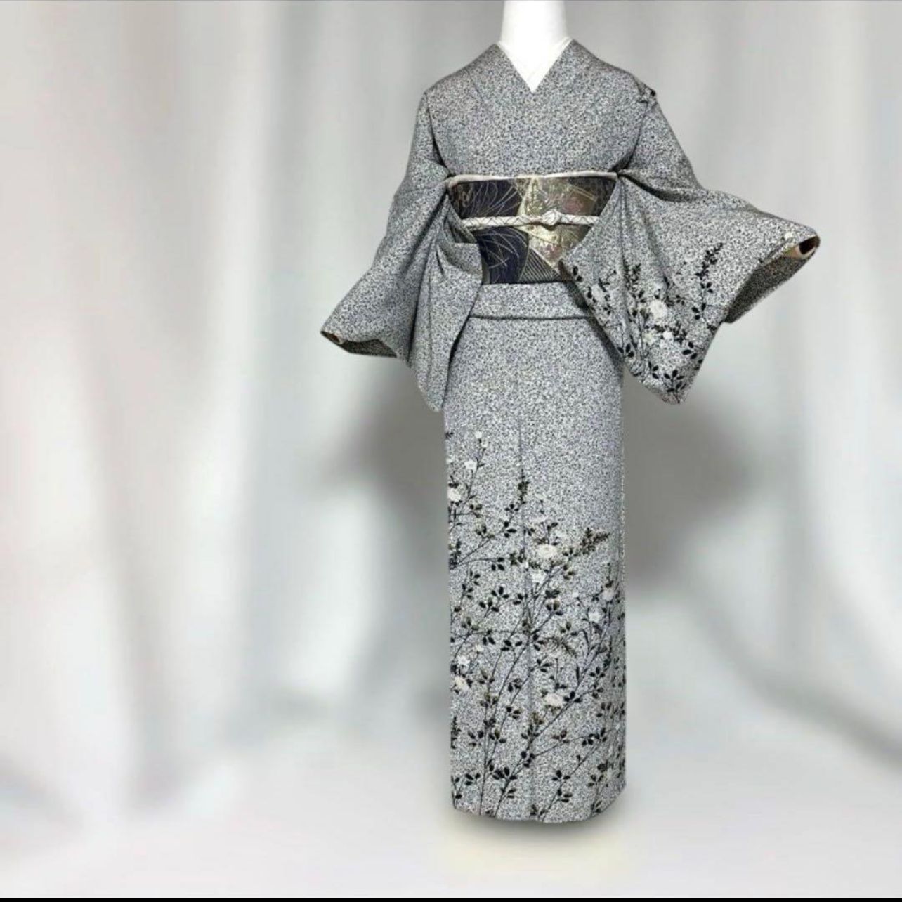 正絹 単衣訪問着 フルセット 白黒 花柄 たたき染め 夏フォーマル 美品 