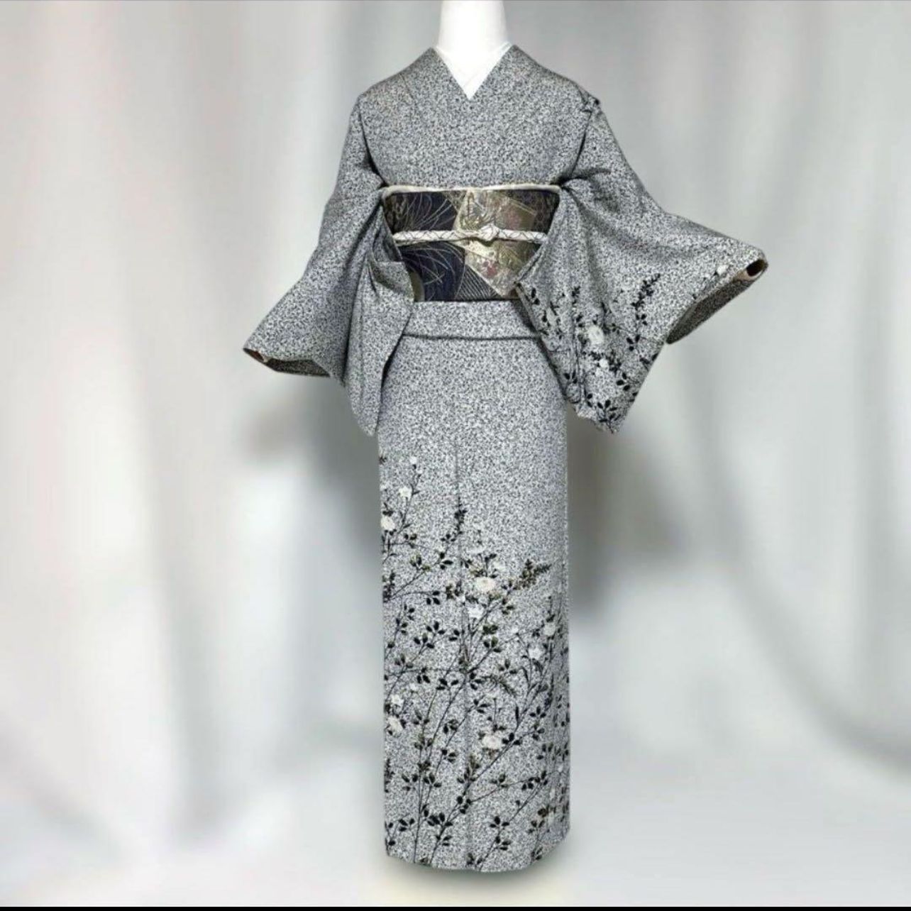 正絹 単衣訪問着 フルセット 白黒 花柄 たたき染め 夏フォーマル 美品 