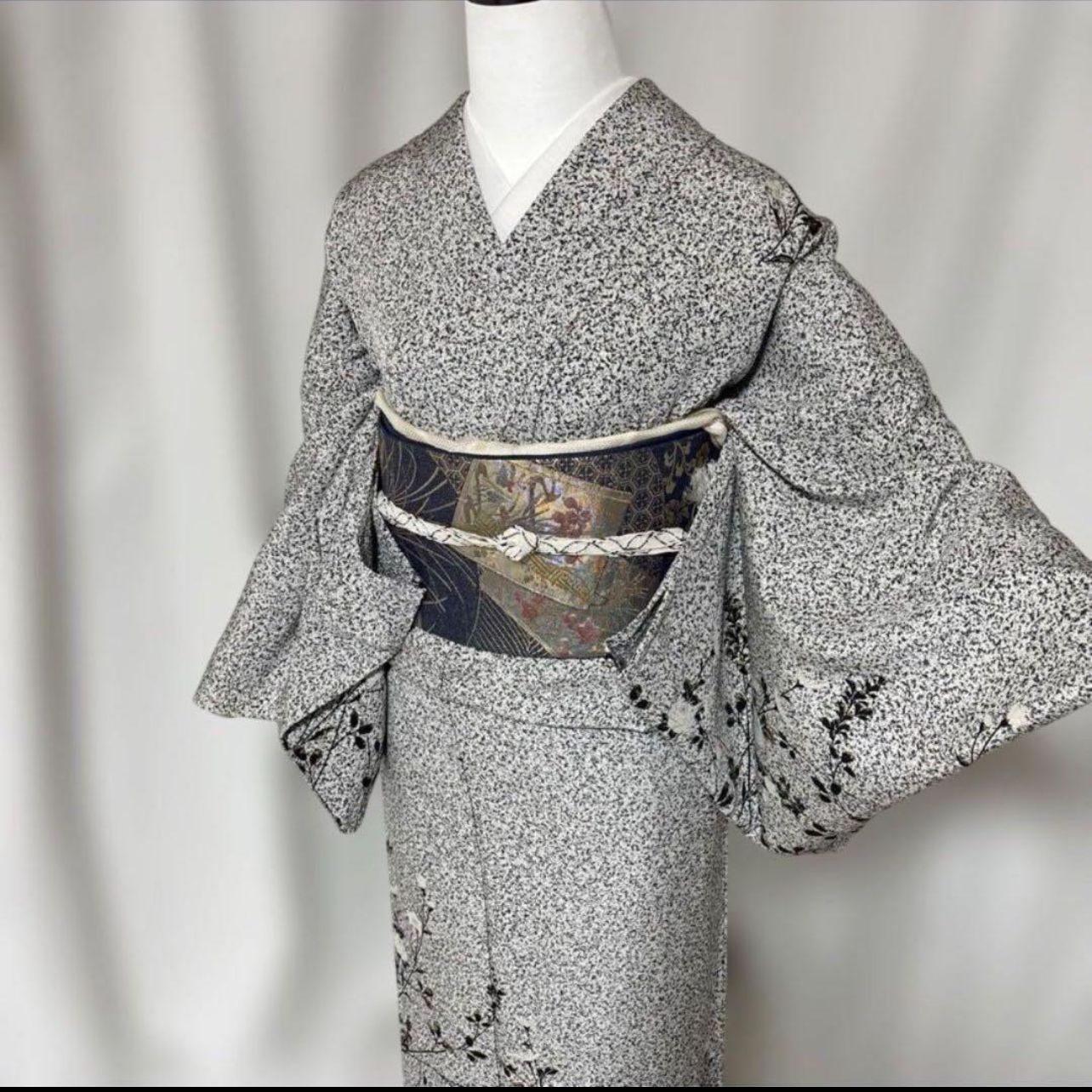 正絹 単衣訪問着 フルセット 白黒 花柄 たたき染め 夏フォーマル 美品 