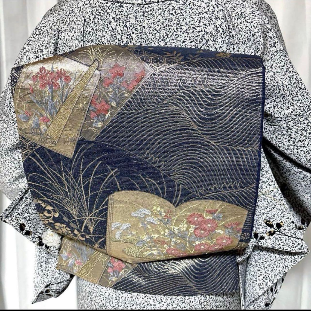 正絹 単衣訪問着 フルセット 白黒 花柄 たたき染め 夏フォーマル 美品 
