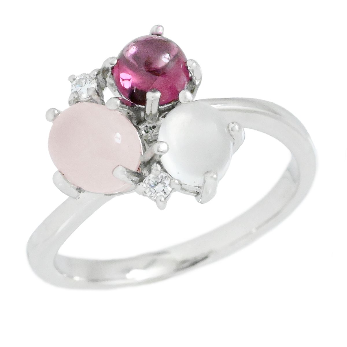 タサキ TASAKI K18WG ホワイトゴールド ダイヤ0.03ct ガーネット ムーンストーン ローズクォーツ ダイヤモンド2P レディース サイズ12