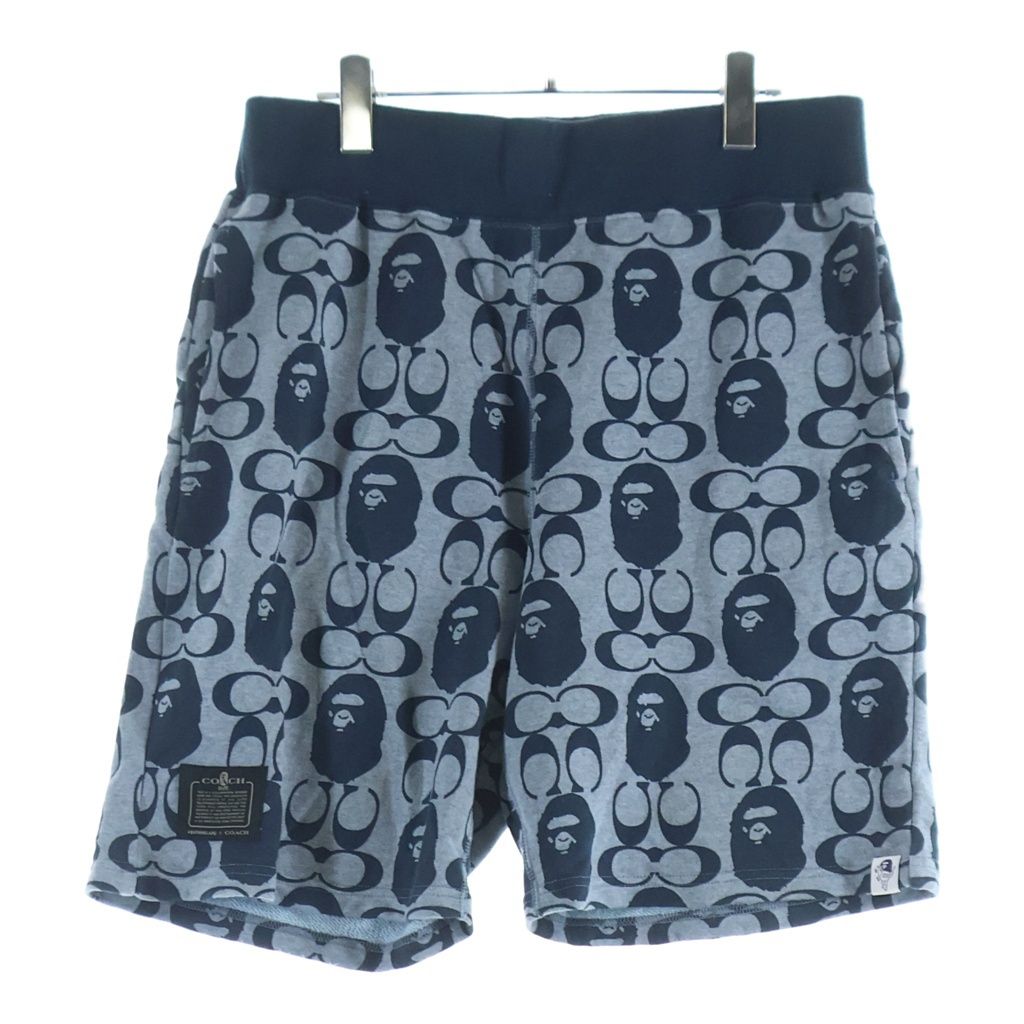 A BATHING APE (アベイシングエイプ) 21SS × COACH Signature Monkey Pants コーチ シグネチャー エイプヘッド 総柄 スウェットハーフパンツ ショーツ グレー/ネイビー 001SPH731902C