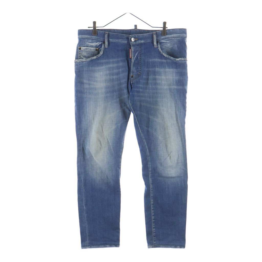 DSQUARED2 (ディースクエアード) ロゴパッチ ウォッシュド加工 ボタンフライ スキニーパンツ デニム インディゴ S74LB1276 S30342
