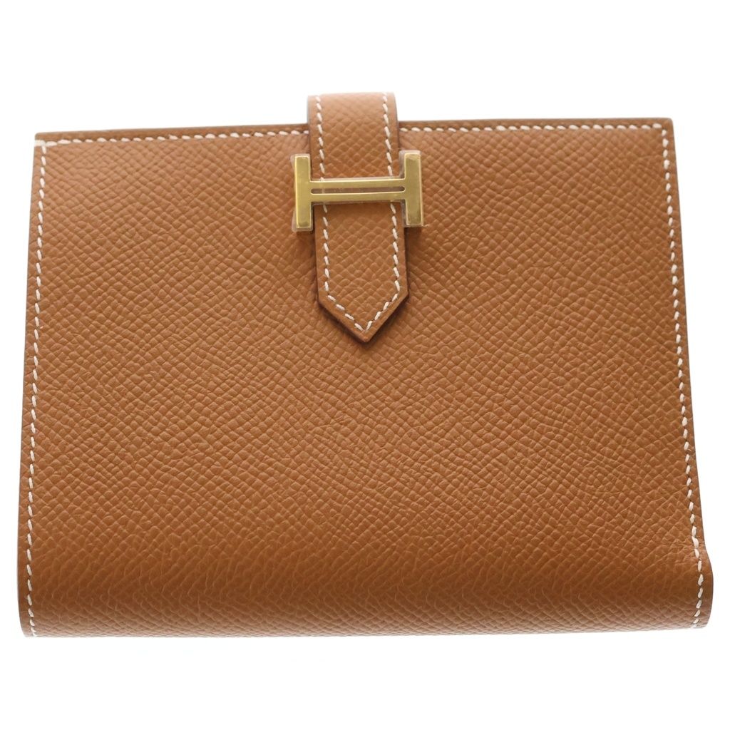 HERMES (エルメス) ベアンコンパクト 財布 ゴールド ブラウン エプソン レザー W刻印 ゴールド金具