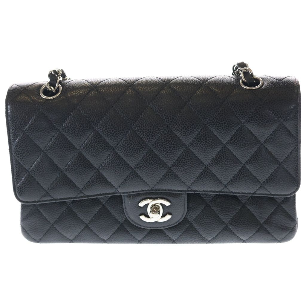 CHANEL (シャネル) マトラッセ25 ダブルフラップダブルチェーン ショルダーバッグ ブラック キャビアスキン レザー A01112 シルバー金具