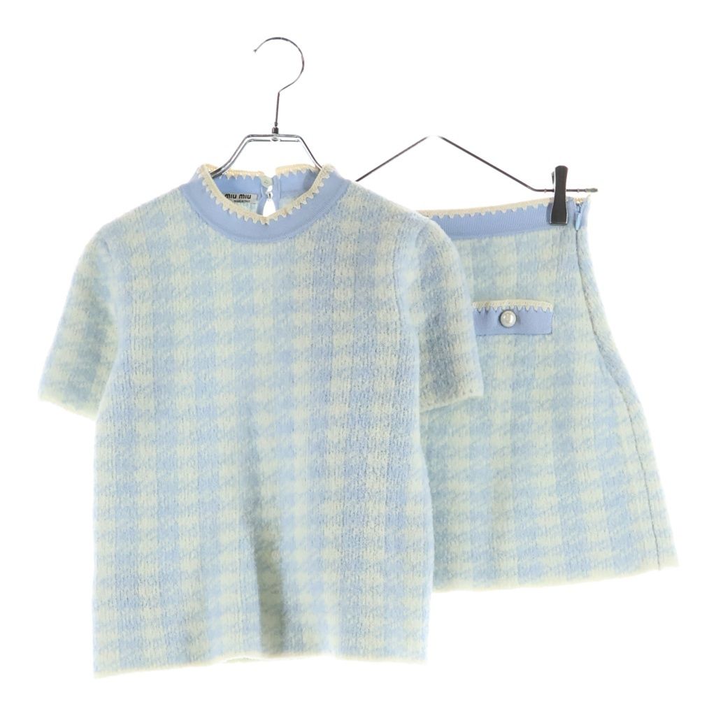 miumiu (ミュウミュウ) セットアップ チェック総柄 ウールニット 半袖トップス セーター ミニスカート ライトブルー レディース MML301