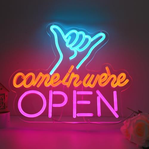 ENUOLI LEDネオンサイン、ネオンライト、オープンネオン、カフェネオン看板、open ネオン、 35x31cm, 調光可能, USB給電, 壁掛け, 「Come in we're OPEN」看板, 3色発光, 店舗、バー 国内発送 046c394f