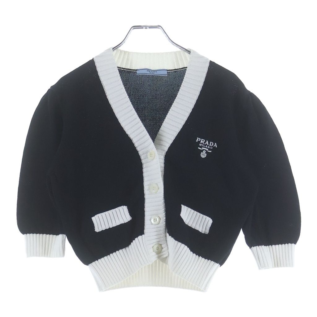 PRADA (プラダ) クロップド コットンプレーンニットカーディガン レディース ブラック/ホワイト P25104
