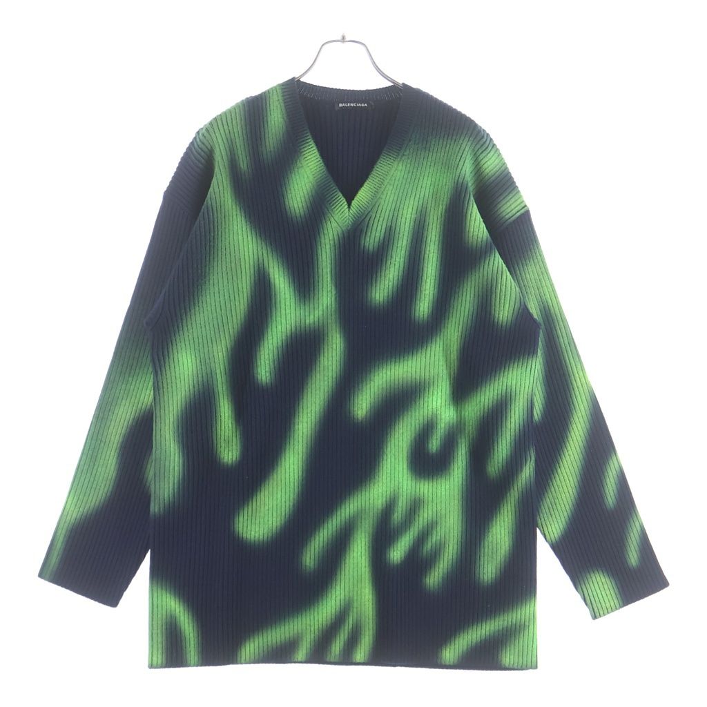 BALENCIAGA (バレンシアガ) 20SS GREEN FLAME WOOL KNIT 599685 T1555 グリーンフレイム Vネック長袖ニットセーター ダークネイビー