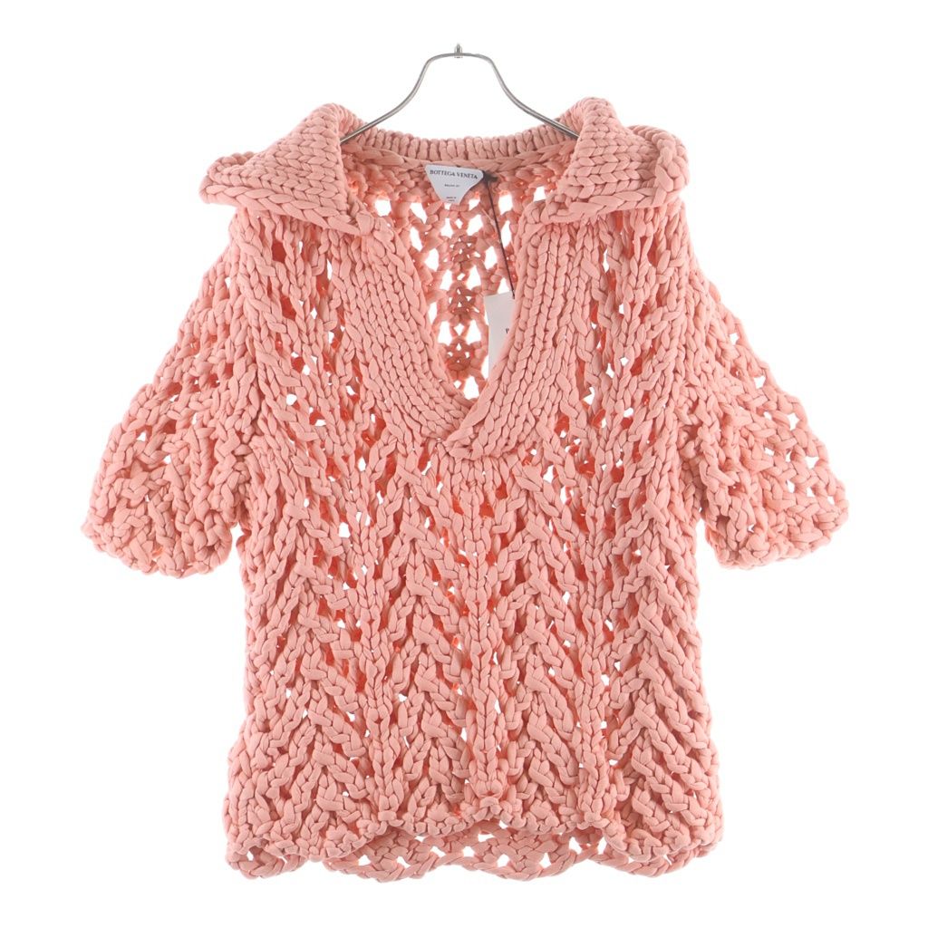 BOTTEGA VENETA (ボッテガヴェネタ) JUMBO CHEVRON HANDKNIT SS 655226 V0RE0 ニットVネック半袖 ライトピンク