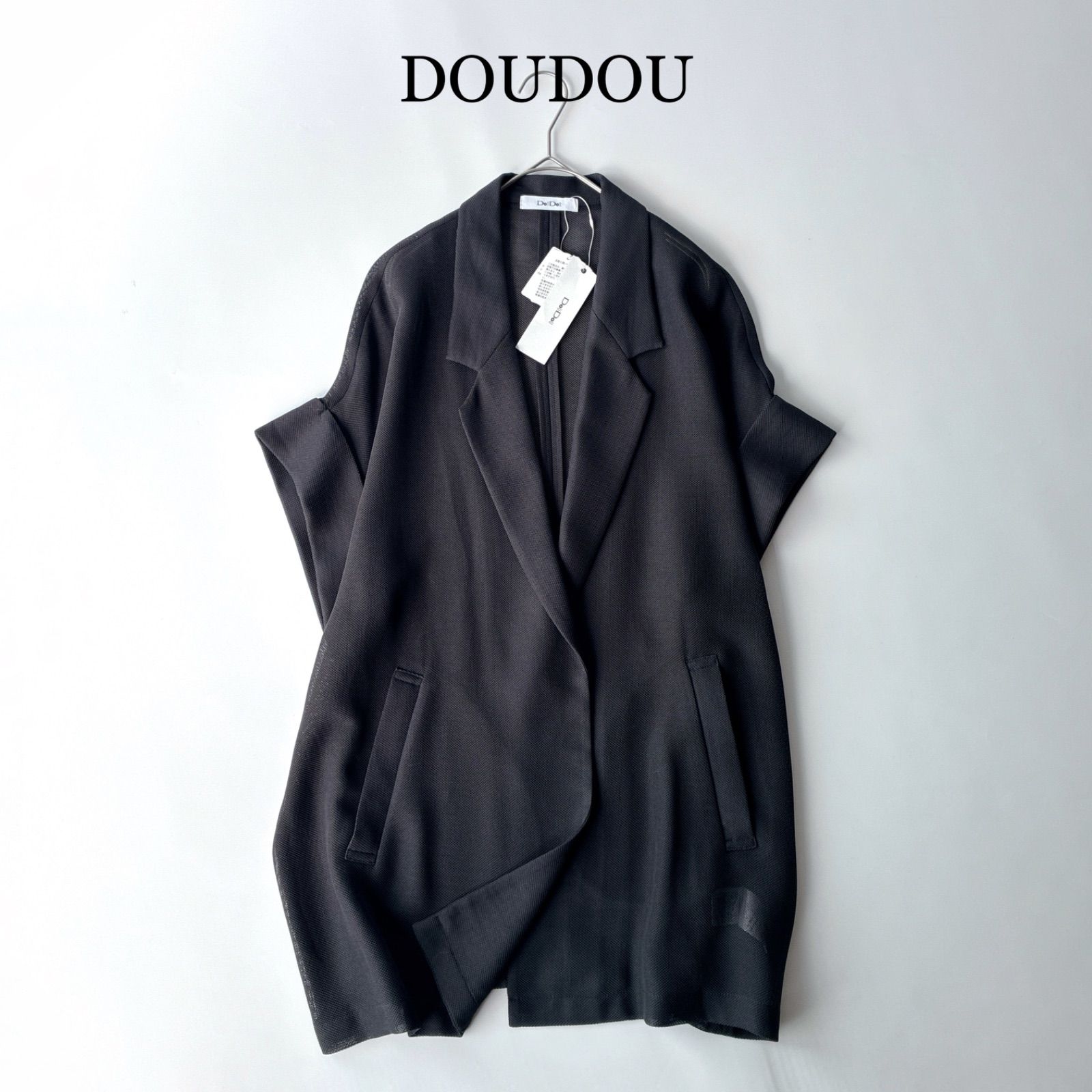 タグ付 人気 DOUDOU ドゥドゥ メッシュ半袖ジャケット / チャコールグレー フリーサイズ / 近年モデル 春 夏 ゆったり ハーフスリーブ テーラードジャケット 大人カジュアル
