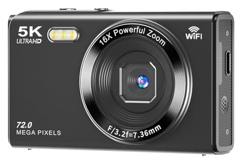 デジタルカメラ 5K デジカメ スマホに送れる WIFI転送機能 7200万画素 64GBマイクロSDカード付き オートフォーカス機能 16倍デジタルズーム LEDライト ウェブカメラ 2.8インチデイスプレイ バッテリー2枚付属 子供や初心 d256f27b