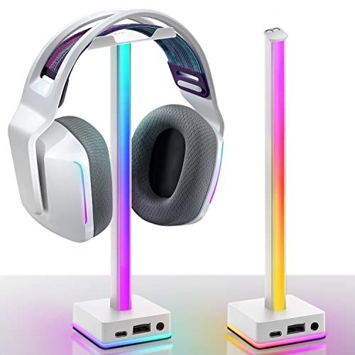 EZDIY-FAB 卓上 ヘッドホンスタンド USB LED デスクトップライト ヘッドセットスタンド 組み立て簡単 ヘッドセット テーブル 収納対策 PCデスク装飾LEDライト 50内蔵カラーモード RGB雰囲気ライトゲーム用 - ホワイト 48b0099e