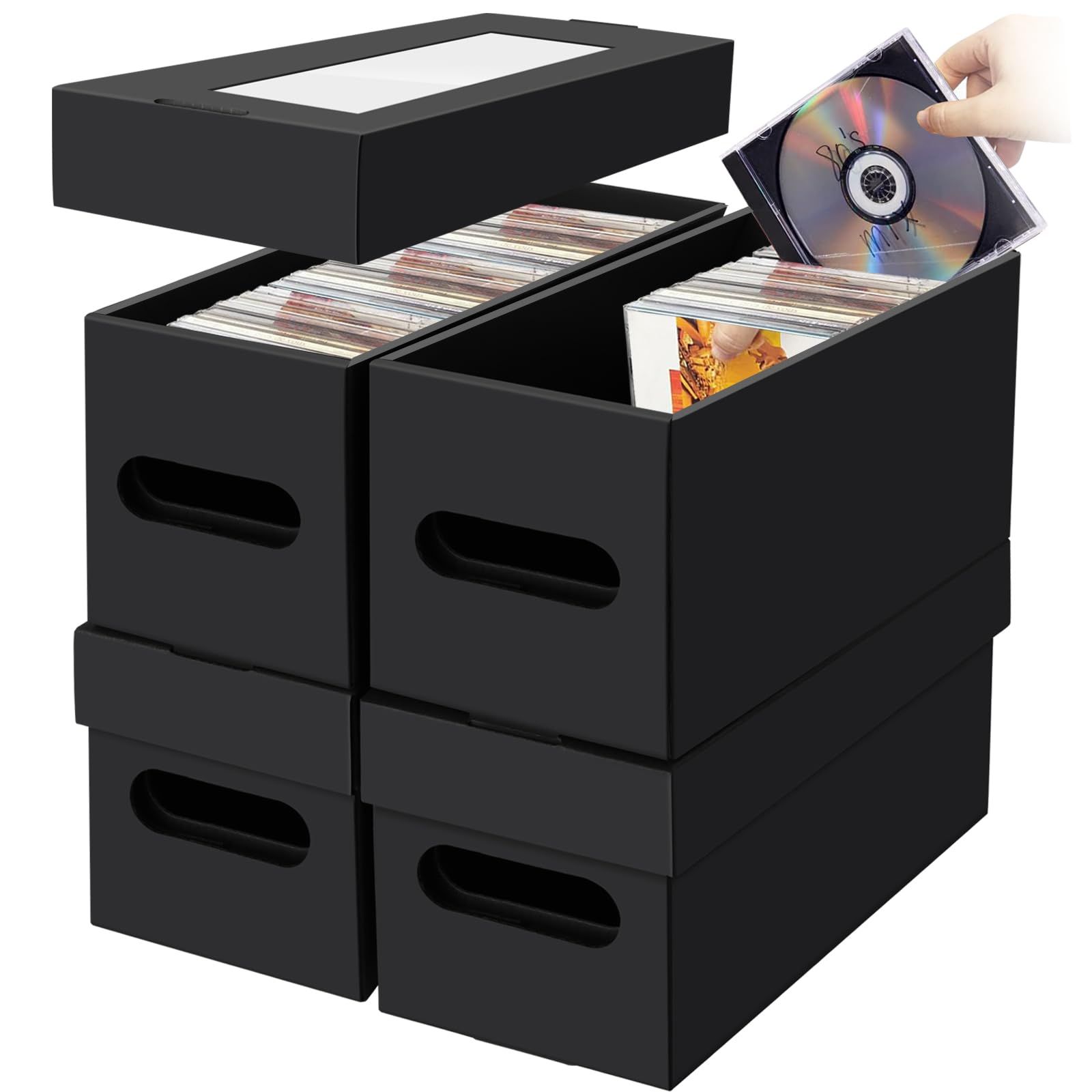 AOBOPLE CD収納ボックス 4個パック 約660枚収納(165枚×4) 段ボール製 PVC透明窓付き 取っ手穴付き 積み重ね可能 厚紙製 耐久性 耐荷重性が強く、変形しない、大容量 CD/DVD/ブルーレイ収納ケース 組み立て簡単 黒a bacfe6a4