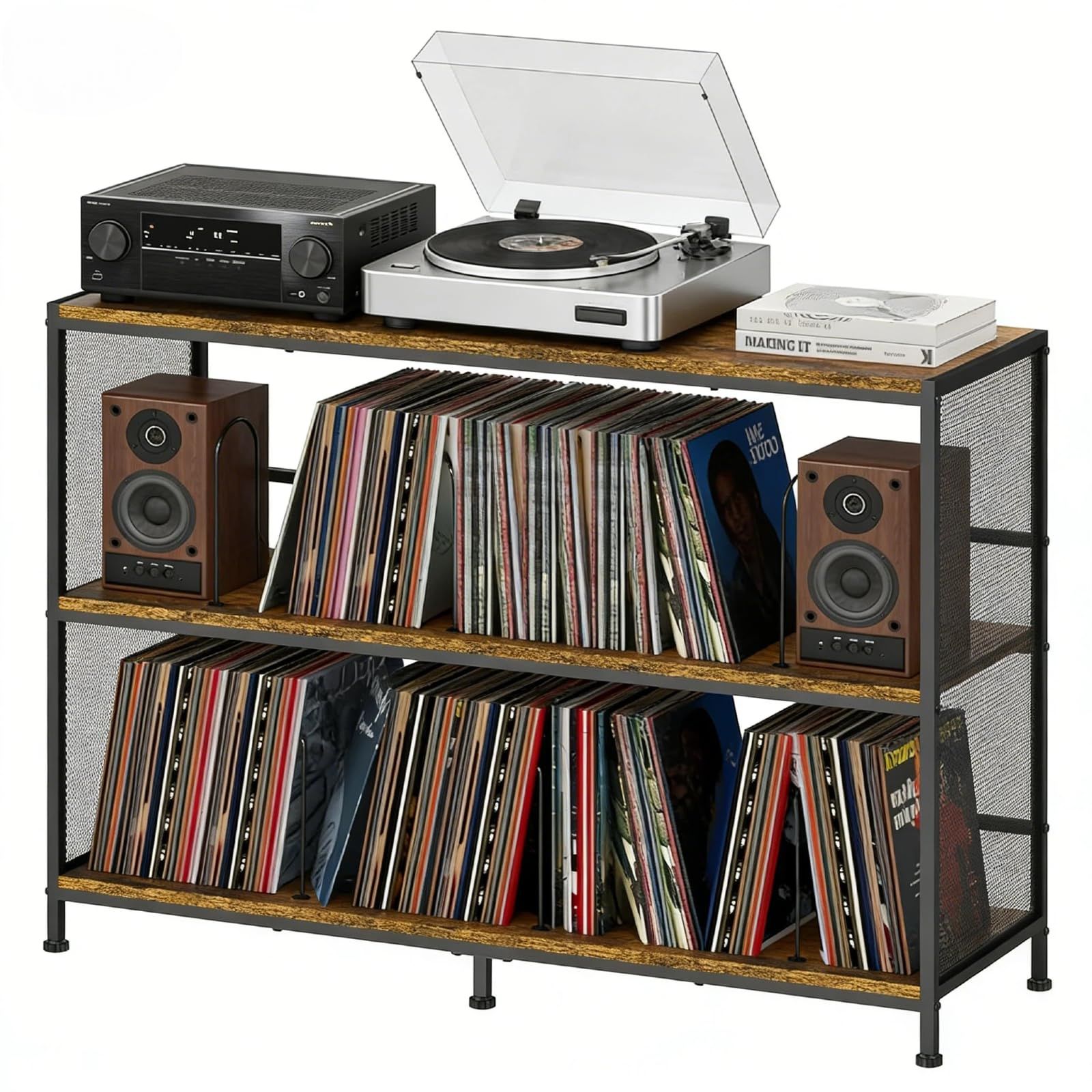 レコードラック レトロなレコードプレーヤーテーブル レコード整理・収納 収納テーブル 三層 大容量 400枚のレコードを収納可能 調節可能な仕切りを装備 強力な耐荷重性 調整可能なサポート脚 本・レコード・レコードプレーヤー等の収納 省スペー 90616648