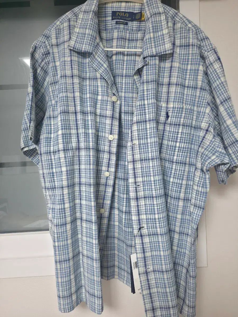 ポロ リネン ブルーCHECK 半袖 シャツ 100