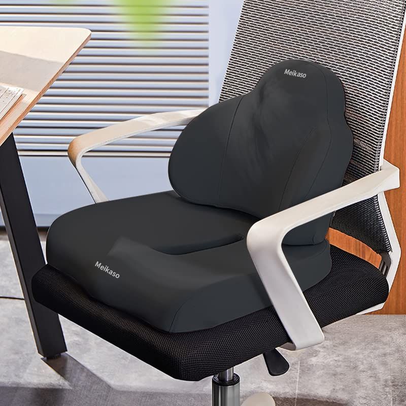 Meikaso シートクッション 2点セット座布団 低反発 ファッション まくらランバーサポート アップグレード ハイエンド 人間工学 腰痛 お尻 骨盤サポート 運転 背もたれ 腰当て 車用品 オフィス 椅子 敬老の日 ギフト (ブラック)/