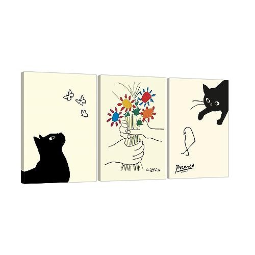 ☆新品☆ピカソ猫の絵 猫と友情の花 3枚 パネル アートポスター 装飾絵画 リビングルーム ソファ背景 壁装飾絵画 木枠付き完成 (30X40cmX3pcs, ピカソのポスター) 0f7ed1af