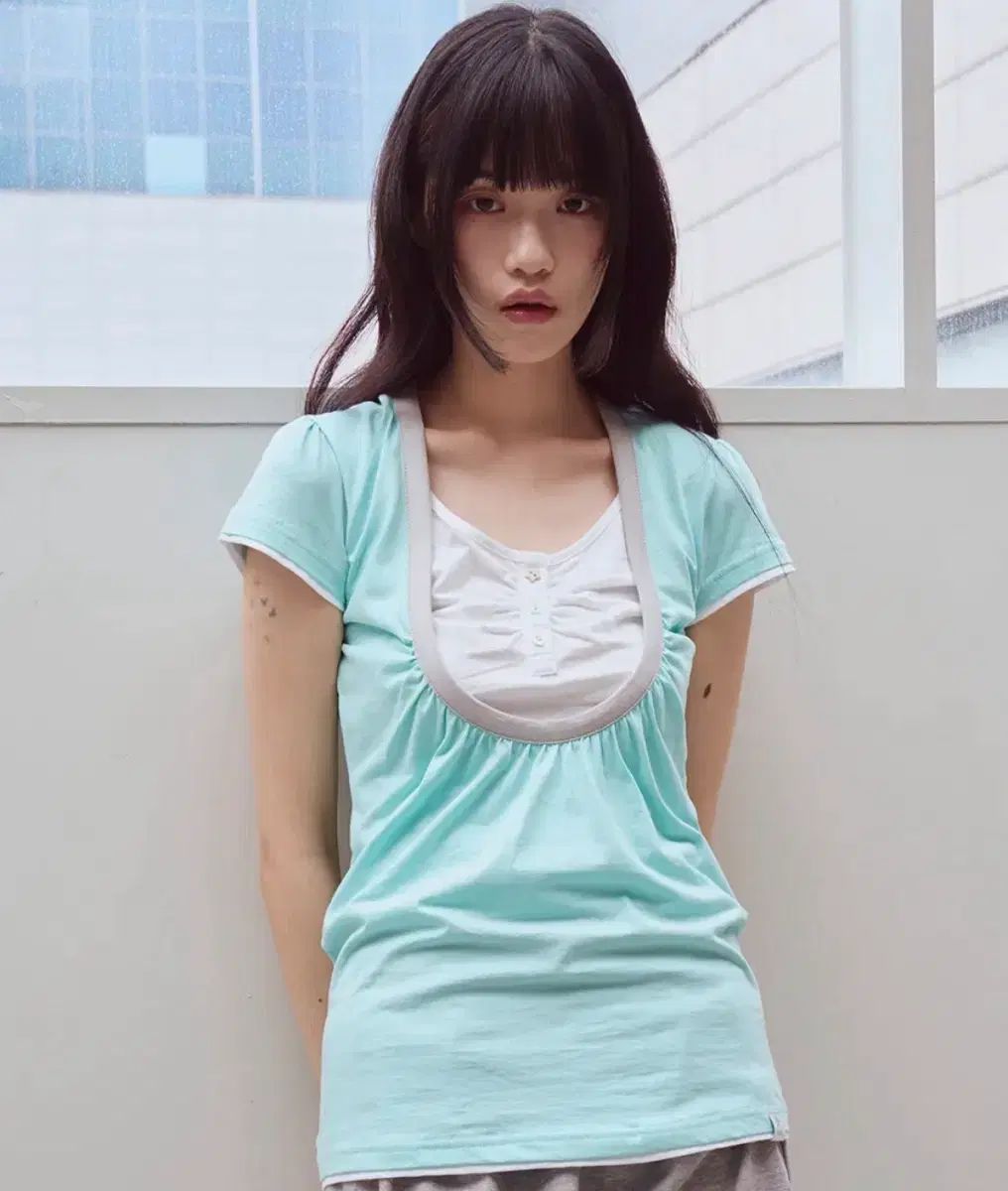 オフィッシュ Shirring U neck T-shirts Mint 半袖Tシャツ