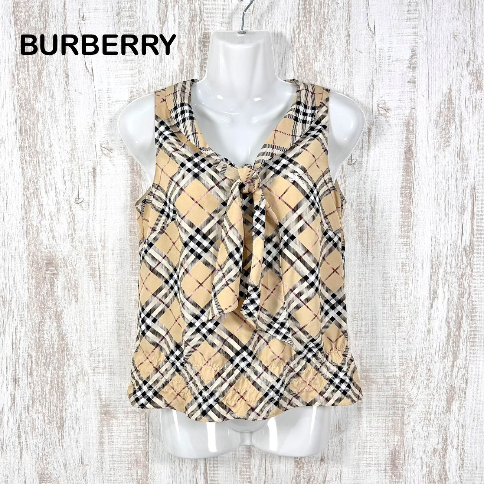 00s BURBERRY LONDON バーバリーロンドン ホースロゴ刺繡 ノバチェック フロントリボン ノースリーブ ブラウス ベージュ レディース トップス y2k 平成ギャル