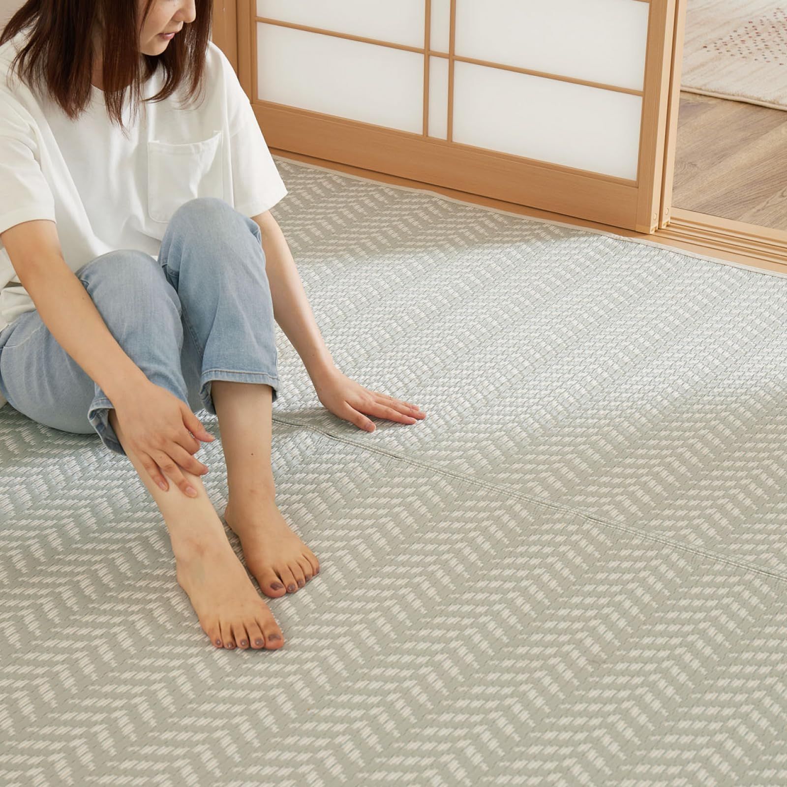 萩原 洗える い草風カーペット グリーン 江戸間8畳 約348X352cm 「パスラッシュ」 ラグ 花ござ 子供部屋 ペット 保護 パステルカラーｍａ