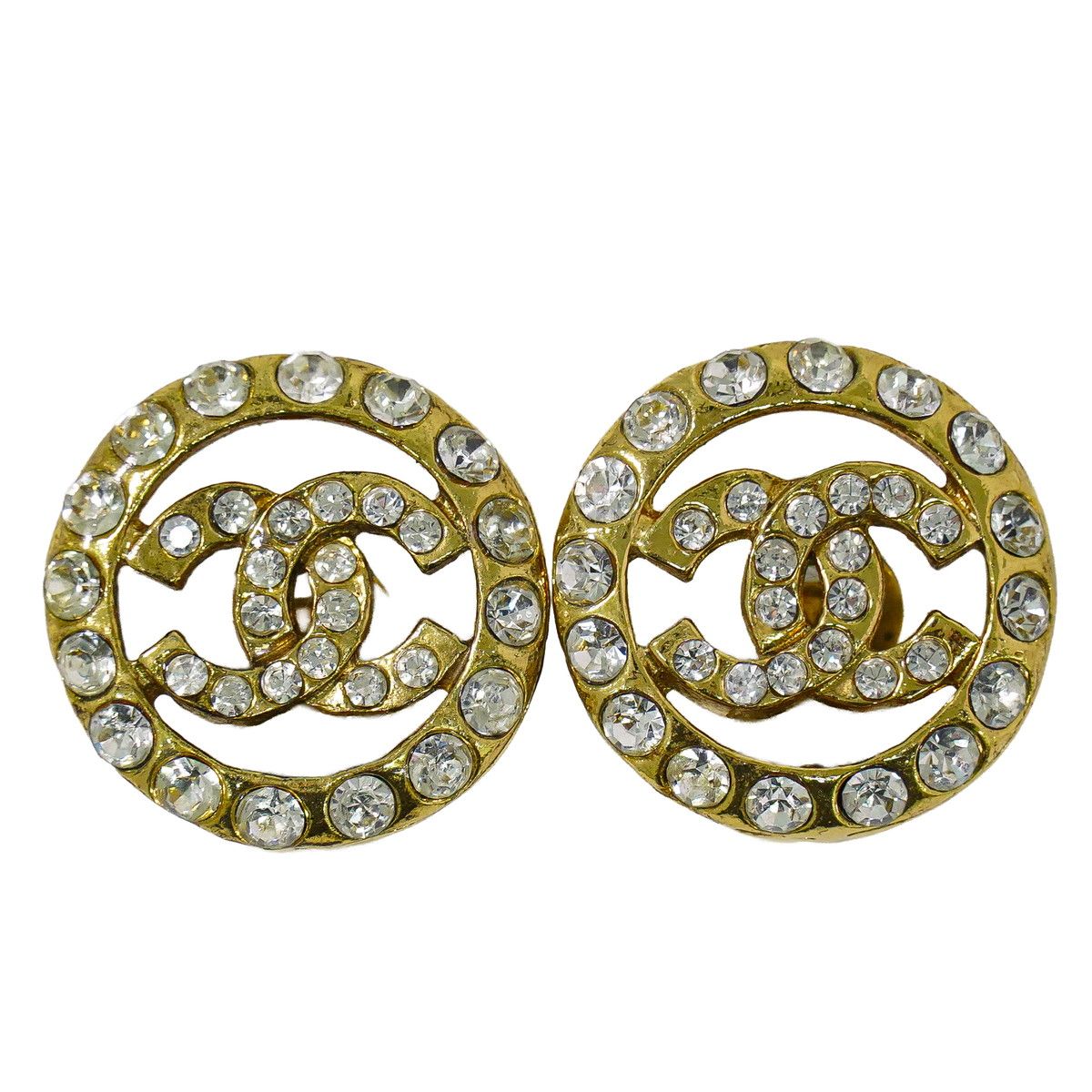 本物 シャネル CHANEL ココマーク ラインストーン イヤリング GP ゴールド メッキ Coco Mark アクセサリー ジュエリー 中古・
