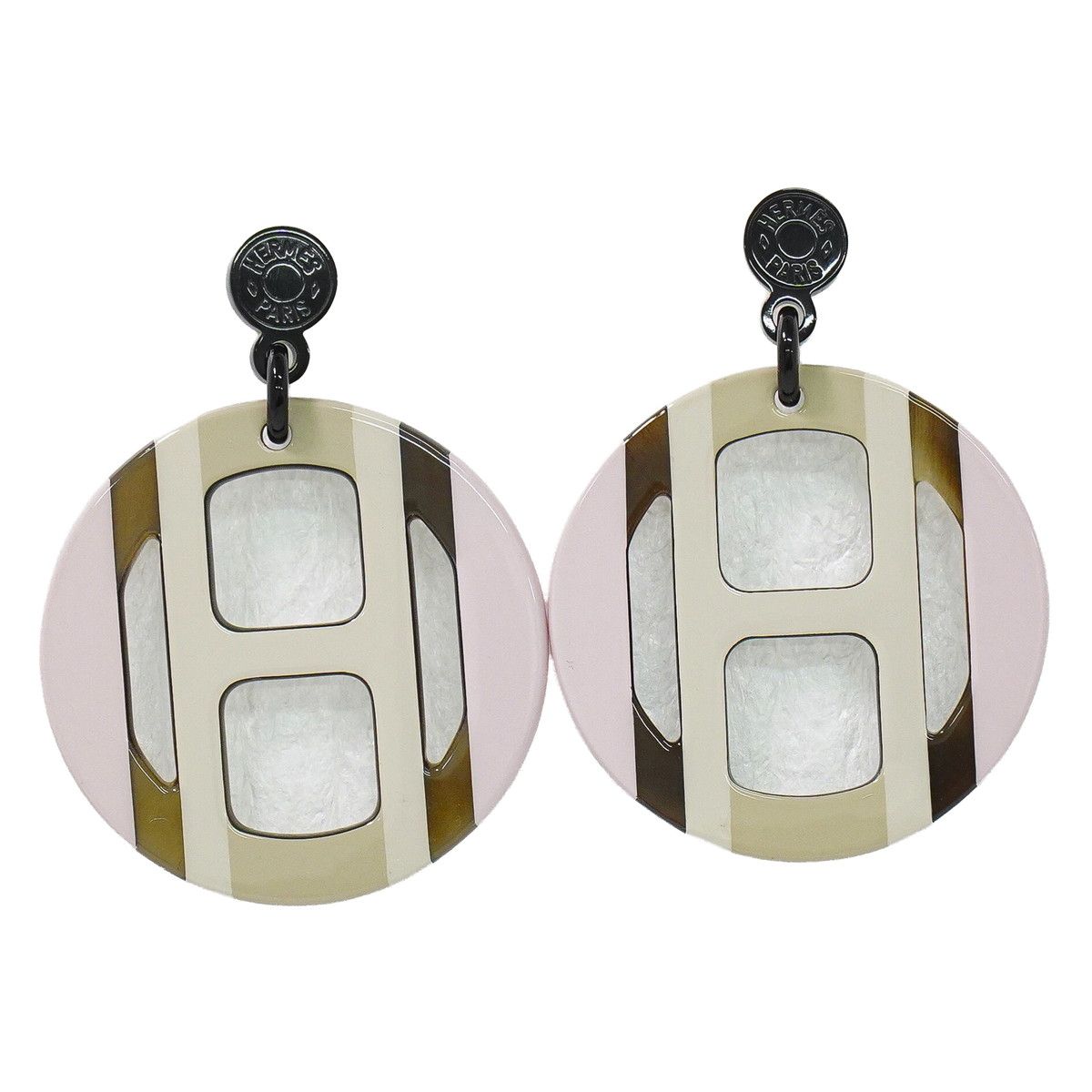 本物 エルメス HERMES Hエキップ バッファローホーン ピアス メタル シルバー金具 マルチカラー アクセサリー ジュエリー 中古・