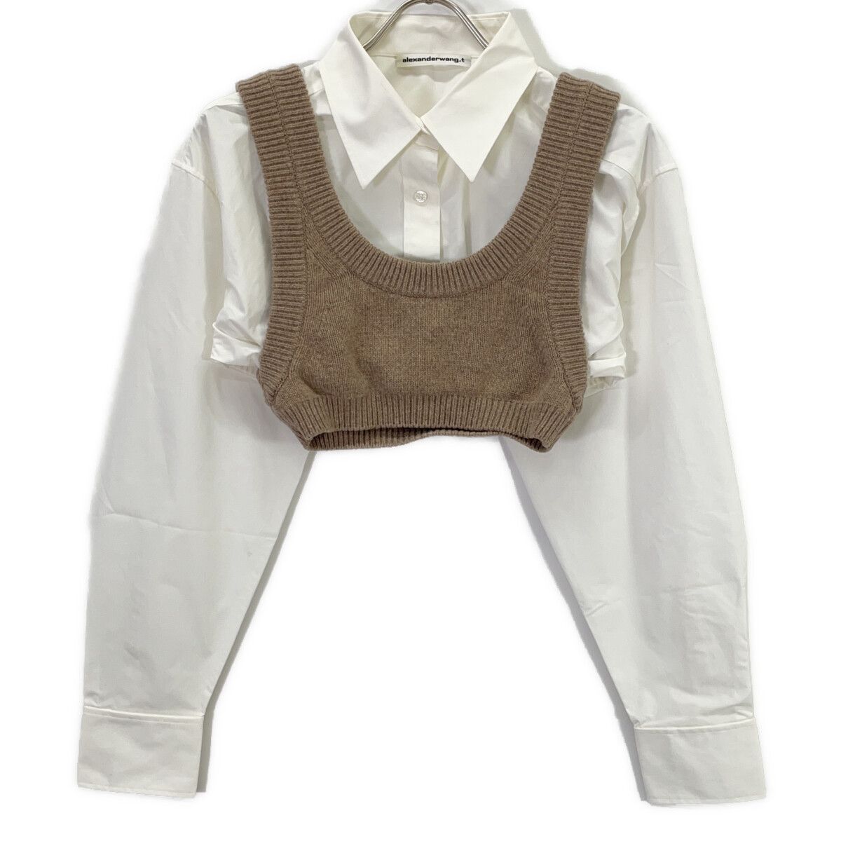 T by ALEXANDER WANG ティーバイアレキサンダーワン  ﾎﾜｲﾄ×ﾌﾞﾗｳﾝ 4KC3231011 ﾆｯﾄﾄﾞｯｷﾝｸﾞ ｸﾛｯﾌﾟﾄﾞｼｬﾂ XS T by ALEXANDER WANG ティーバイアレキサンダーワン ホワイト×ブラウン