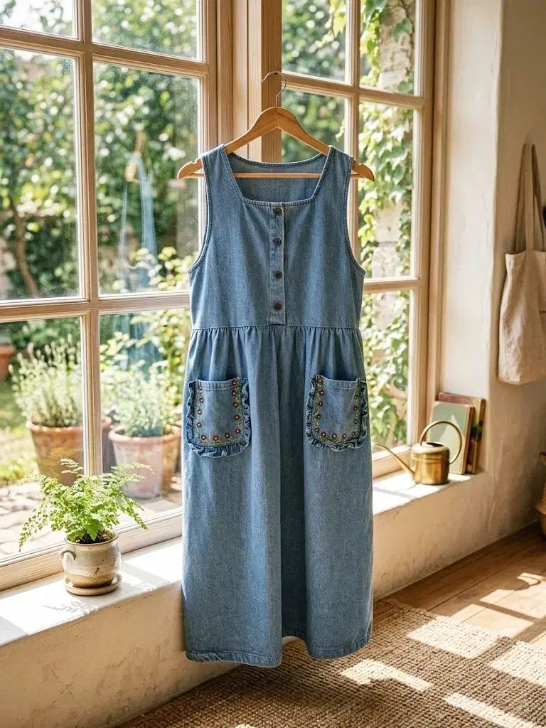 ホームスタジオ 花刺繍 フリルポケット デニムロングワンピース 55 66 インディゴデニム