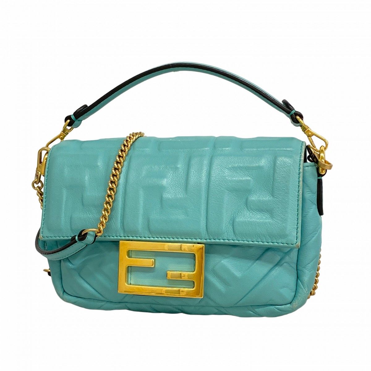 【6ea0170】フェンディ ハンドバッグ バゲットミニ レザー エメラルドグリーン シルバー金具 2wayバッグ【中古】レディース