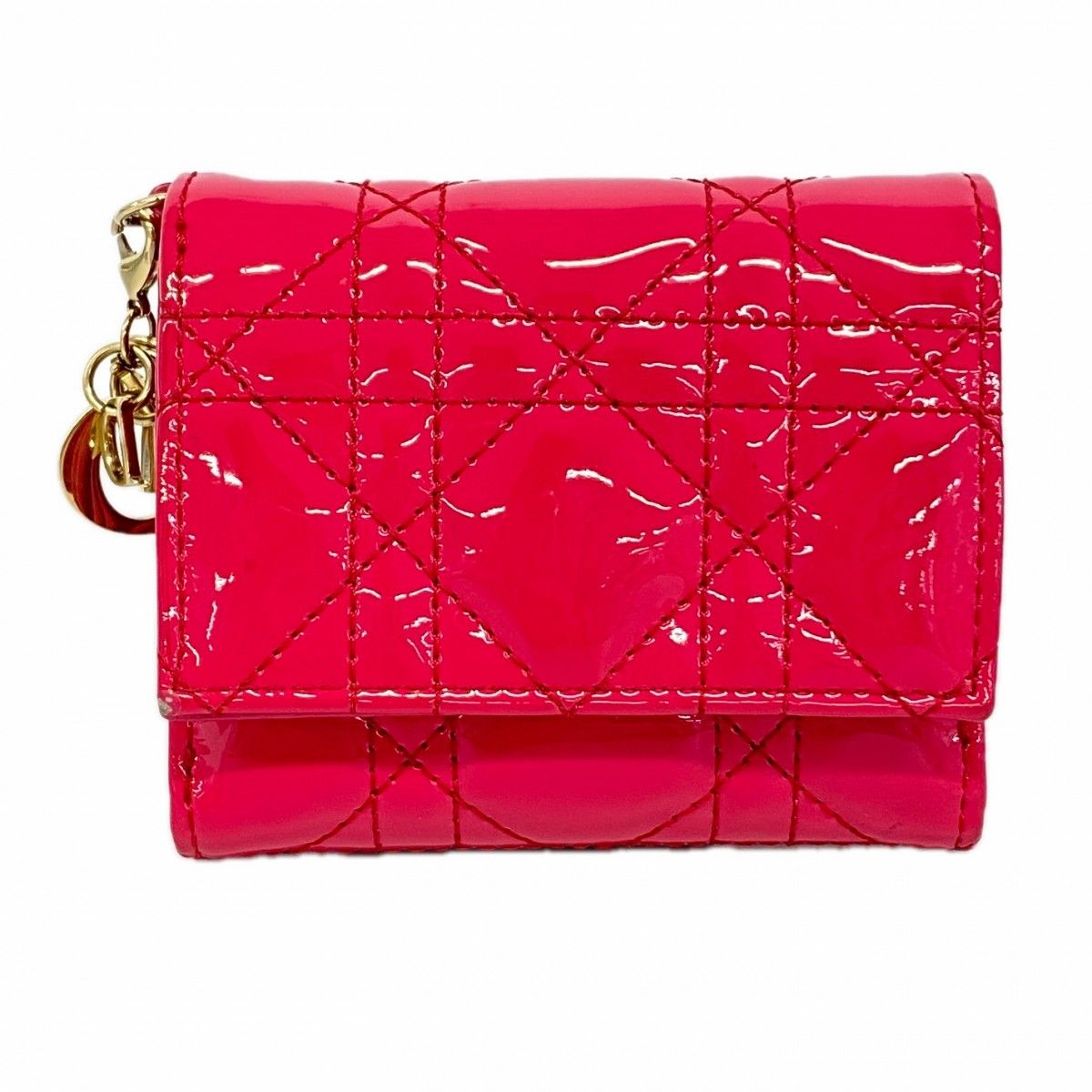 【6eb0895】クリスチャンディオール 三つ折り財布 カナージュ エナメル ピンク シャンパンゴールド金具【中古】レディース